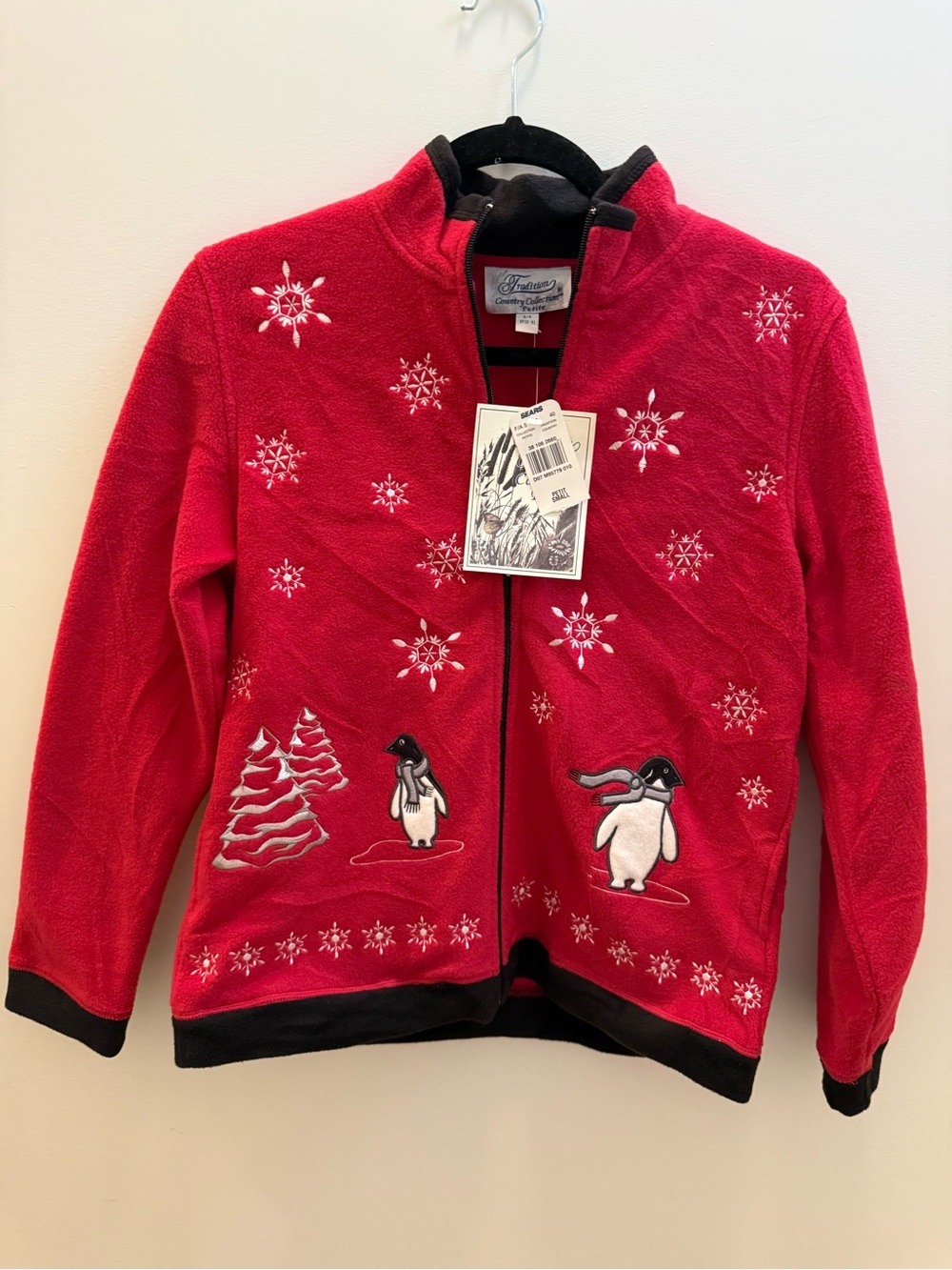 Vintage Y2K Sears Women’s Red Penguin Fleece Zip Jacket Petite Small NWT